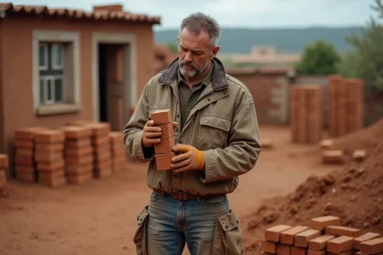 Maçon examinent une brique en terre cuite dans un brickyard rural