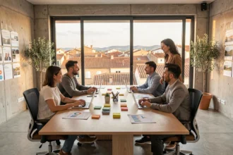 Équipe d'une agence de marketing digital en Occitanie réunie autour d'une table de travail avec des écrans et des analyses de campagne