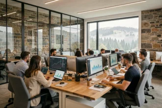 Vue d'ensemble d'une agence SEO moderne dans les Vosges avec des équipes travaillant sur des stratégies digitales