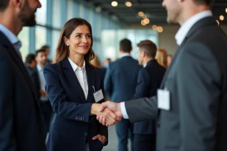 Deux professionnels échangeant une poignée de main lors d'un événement de networking en entreprise