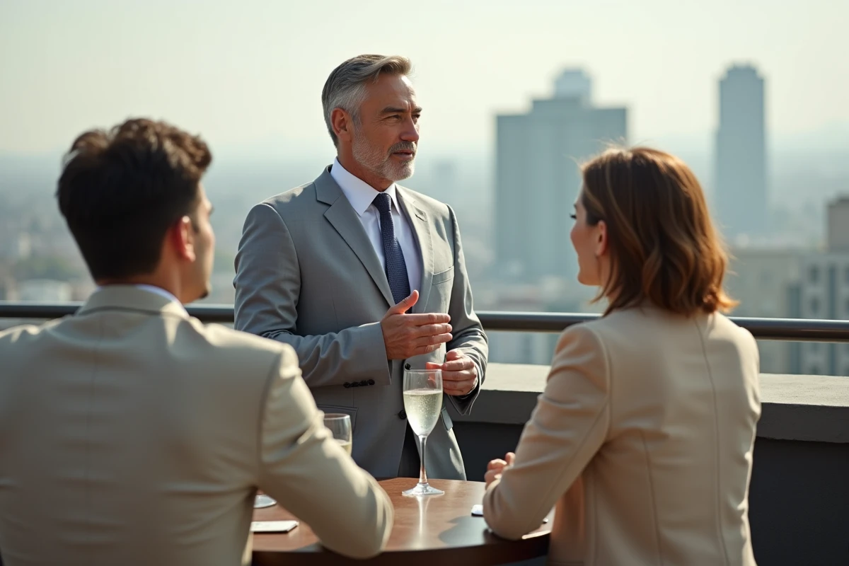 Deux entrepreneurs en conversation décontractée lors d'un événement networking en rooftop urbain