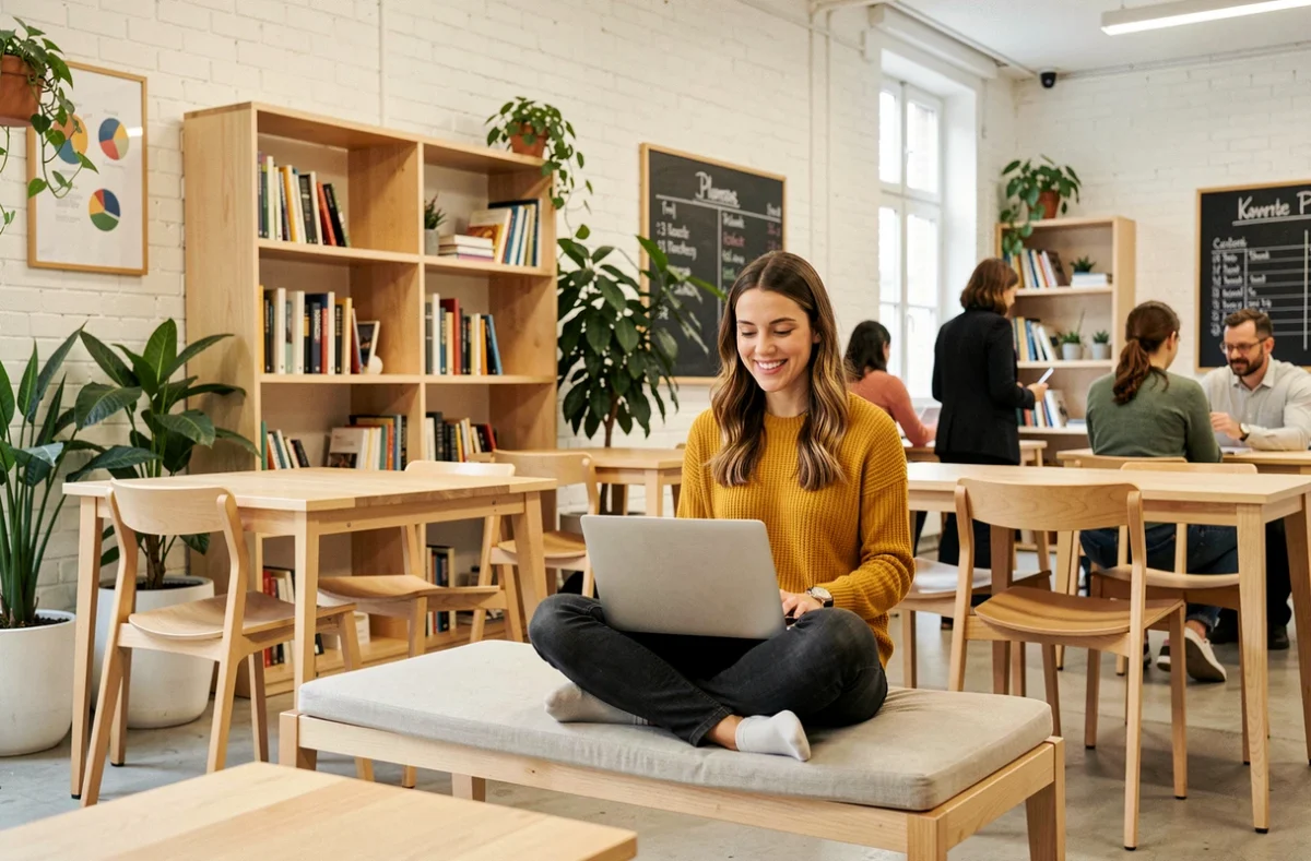 Femme détendue travaillant dans Now Coworking Bordeaux, un espace lumineux au style scandinave avec mobilier en chêne clair et plantes vertes