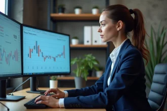 Responsable SaaS analysant les performances d'un site vitrine sur des écrans d'ordinateur dans un bureau moderne au lancement du projet