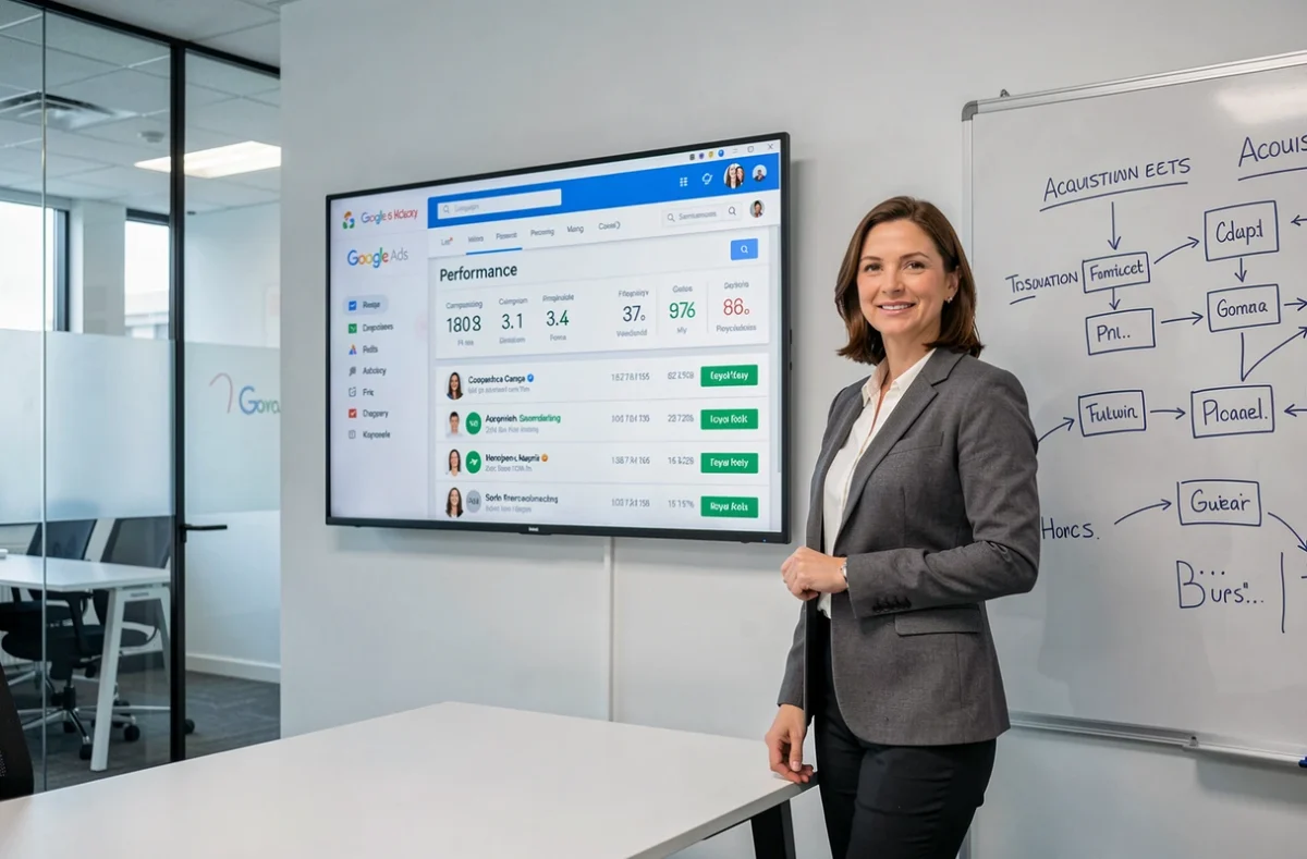 Consultante en acquisition digitale certifiée Google Partner présentant des résultats de campagne publicitaire sur un grand écran