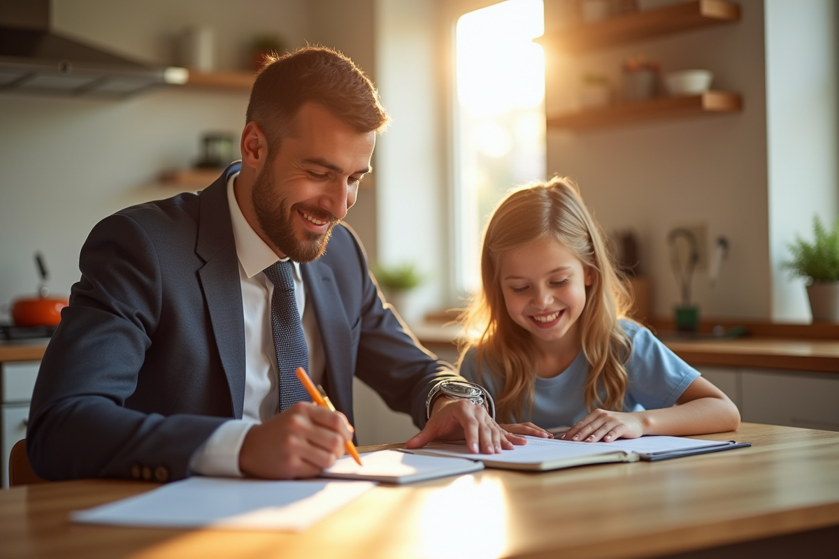 Père en costume aidant son enfant à faire ses devoirs à la cuisine en fin d