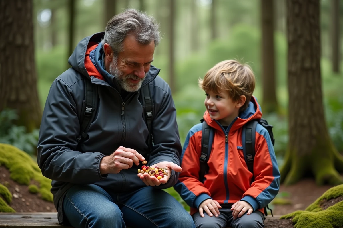 Pere et enfant prennent une pause dans la forêt en randonnée