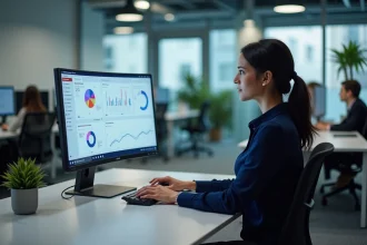 Femme configurant des indicateurs de performance sur un tableau de bord WATERP dans un bureau moderne
