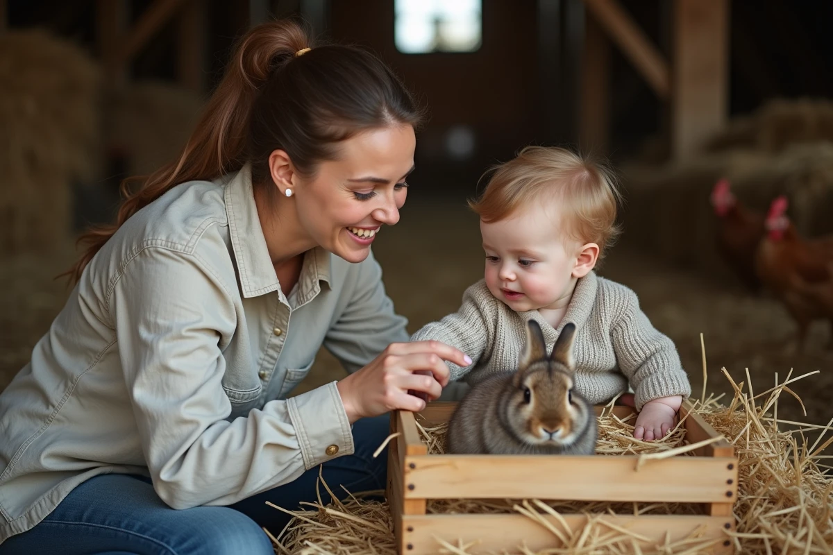 Maman et bambin découvrant un lapin dans une caisse en bois lors d'une visite à la ferme pédagogique