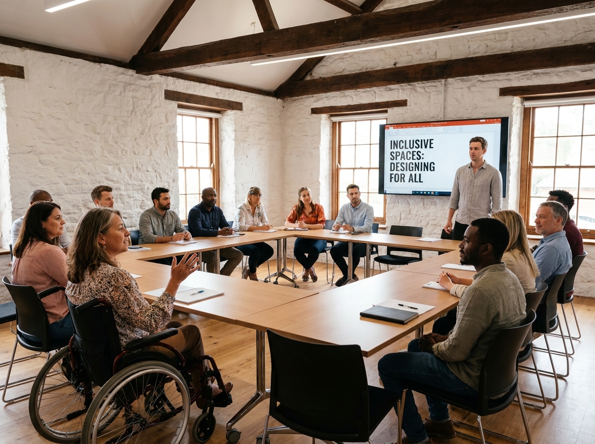 Femme en fauteuil roulant participant activement à un séminaire inclusif dans un espace rénové avec présentation à contraste élevé