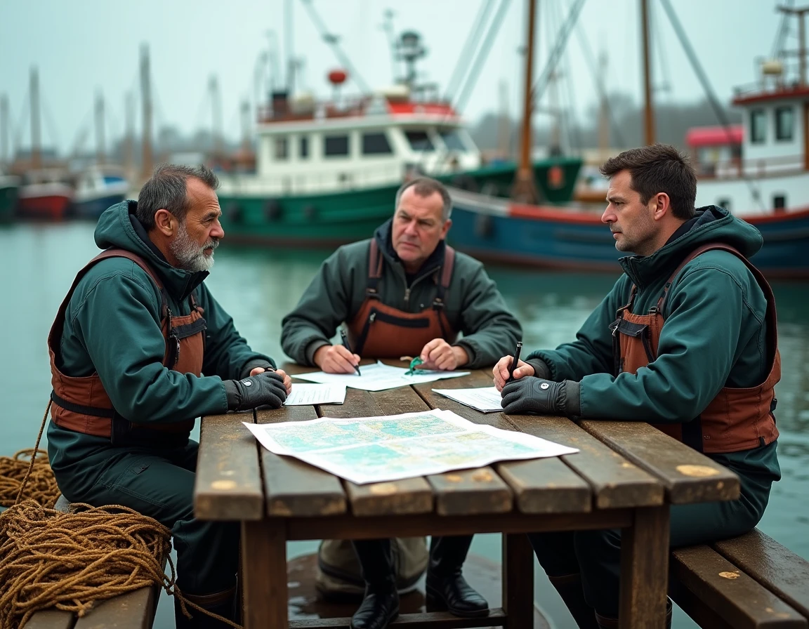 Pêcheurs locaux discutant des conséquences économiques du projet Coastline West sur leurs activités traditionnelles dans un port mixte