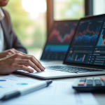 Personne d'affaires au bureau avec ordinateur et graphiques financiers