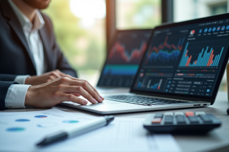 Personne d'affaires au bureau avec ordinateur et graphiques financiers