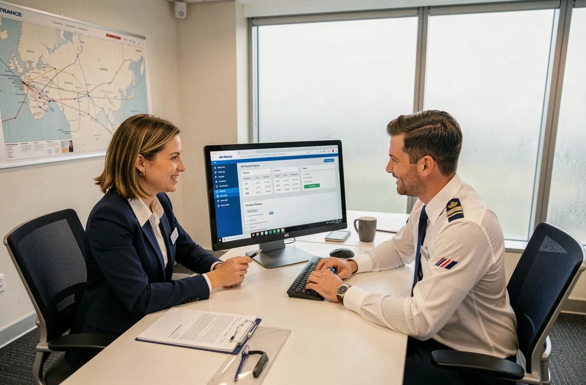 Deux membres du personnel navigant Air France consultant ensemble le portail salarié Intralignes dans une salle de briefing