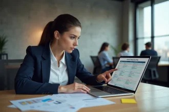 Professionnelle analysant un plan d'amélioration de site web avec des rapports imprimés et un tableau de bord sur ordinateur portable
