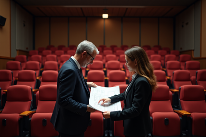 Hommes et femme examinant un plan dans un théâtre moderne