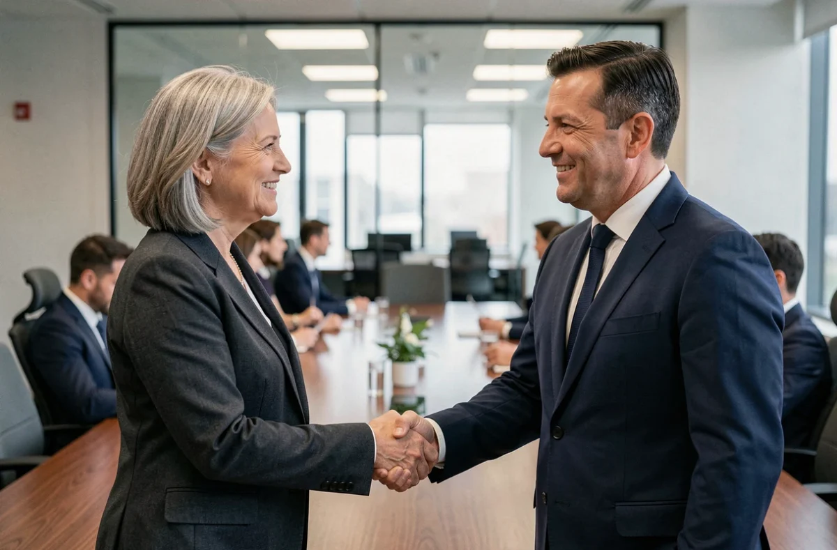Poignée de main respectueuse entre une collègue et un manager lors d'un départ professionnel en salle de réunion