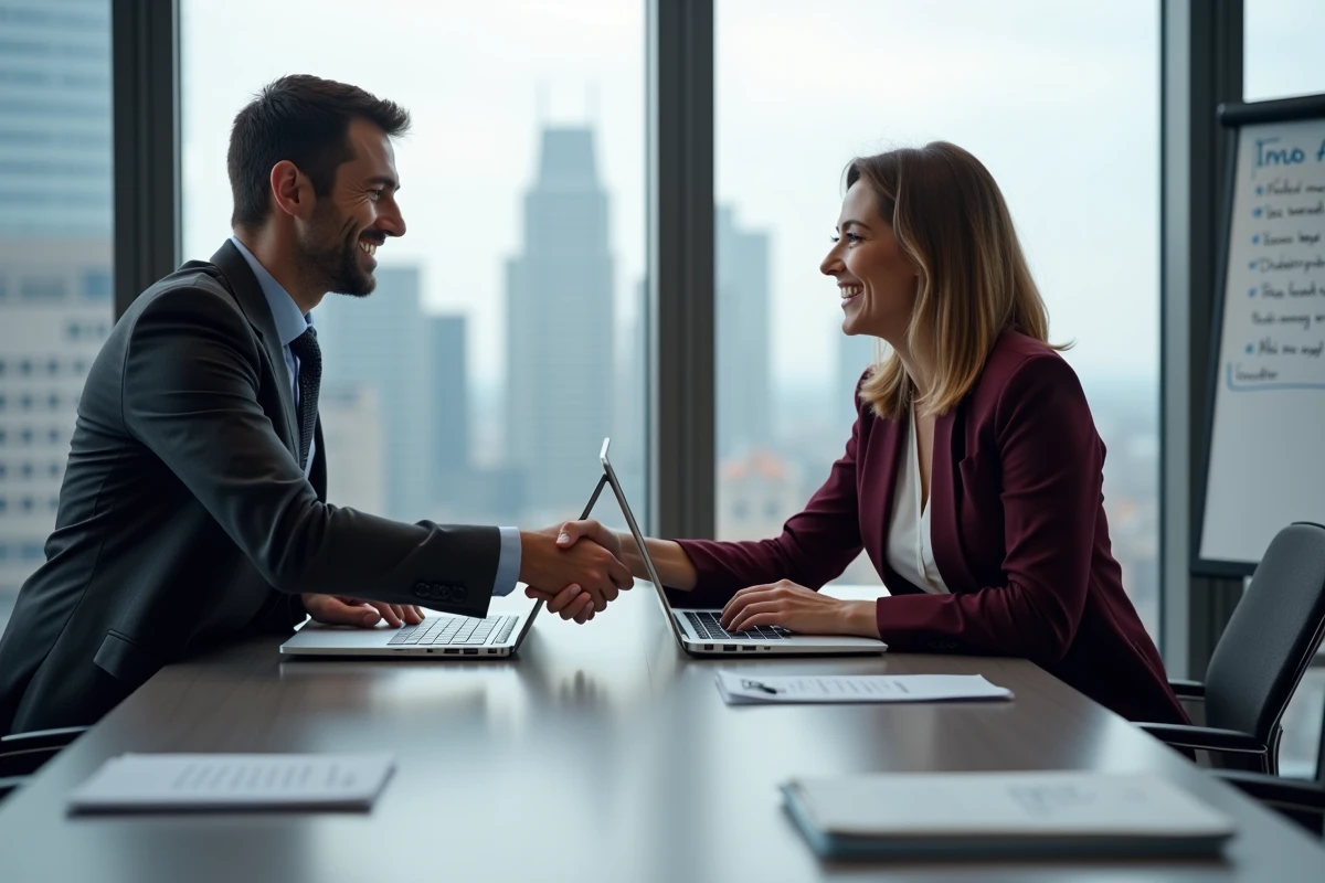 Deux professionnels B2B se serrant la main lors d'une réunion de partenariat commercial avec une plateforme B2B visible sur ordinateur