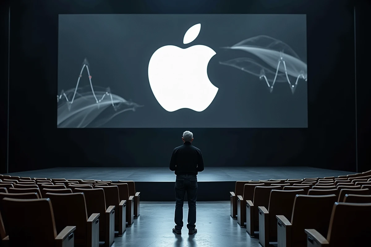 Dirigeant solitaire sur scène lors d'une présentation Apple dans un auditorium futuriste, représentant le pouvoir d'influence des leaders technologiques sur les marchés financiers