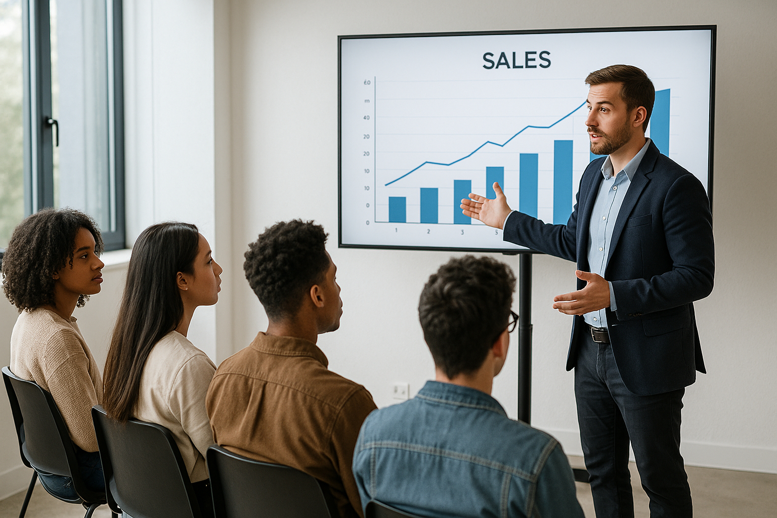 Groupe divers d jeunes écoutant une présentation avec un graphique de vente digital