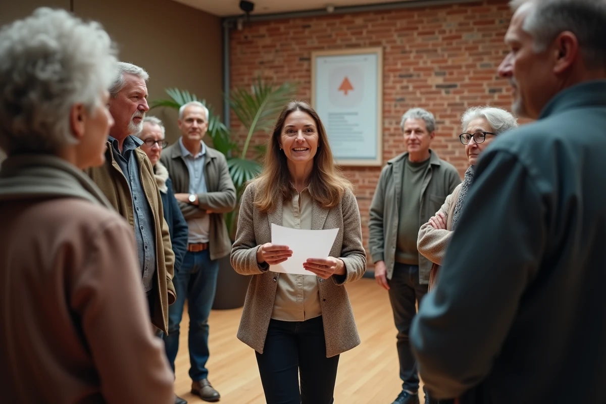 Groupe intergénérationnel réuni en demi-cercle dans une salle communautaire, une femme prenant la parole face aux autres participants, représentant l'expression orale et la communication collective au sein d'un groupe