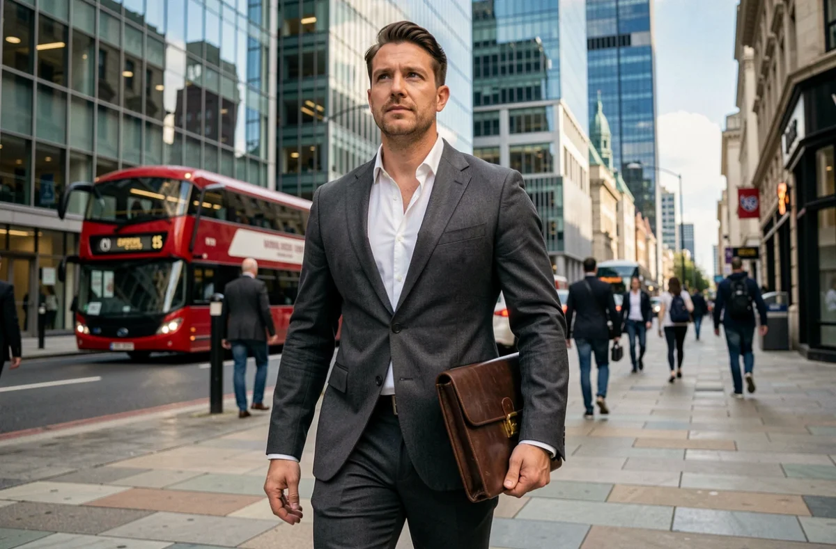 Un professionnel en portage salarial se déplaçant dans le quartier financier de Londres avec son portfolio