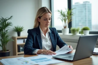 Professionnelle de l'assurance consultant un tableau de bord de visibilité en ligne dans un bureau moderne