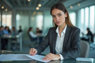 Jeune professionnelle en blazer charbon analysant des documents dans un bureau d'entreprise moderne, illustrant la réflexion sur une carrière dans un cabinet Big 4