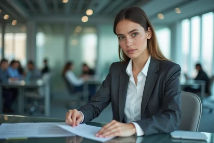 Jeune professionnelle en blazer charbon analysant des documents dans un bureau d'entreprise moderne, illustrant la réflexion sur une carrière dans un cabinet Big 4