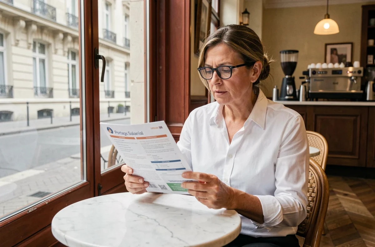 Professionnelle lisant une brochure sur le portage salarial dans un café parisien traditionnel