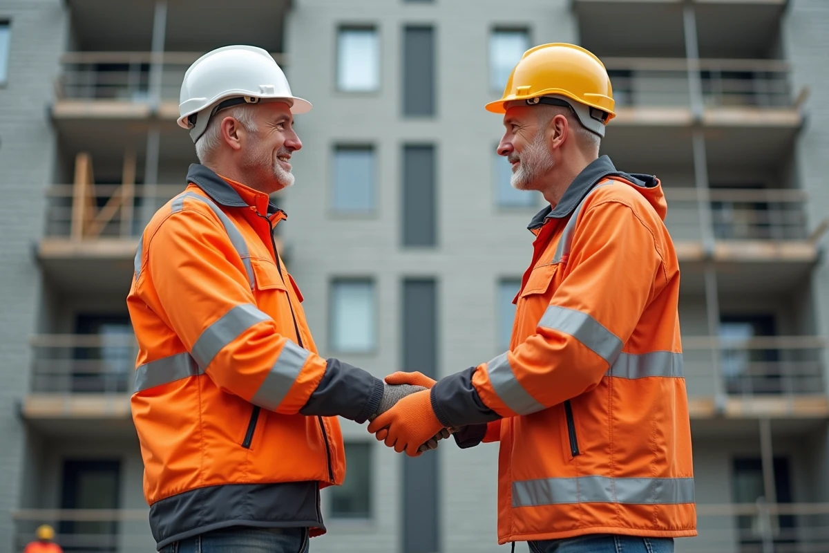 Deux professionnels du BTP se serrant la main sur un chantier terminé, symbolisant un nouveau contrat remporté