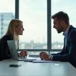 Deux professionnels discutent sérieusement dans un bureau moderne