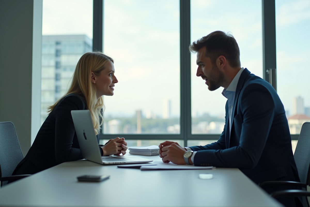 Deux professionnels discutent sérieusement dans un bureau moderne