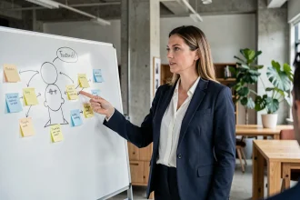 Professionnelle en blazer marine expliquant un profil client idéal sur un tableau blanc dans un bureau moderne