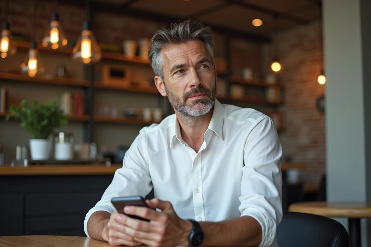 Homme d'affaires technologique réfléchi dans un espace de coworking, symbolisant la vision stratégique d'un dirigeant Apple face aux attentes des investisseurs