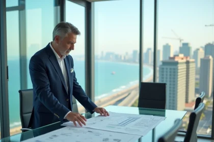 Promoteur immobilier examinant des plans de construction dans un bureau moderne avec vue sur un chantier côtier en arrière-plan