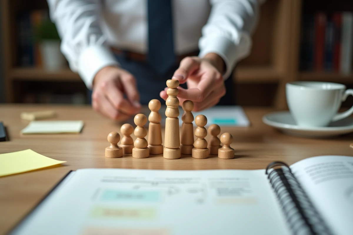 Mains d'un manager arrangeant une pyramide hiérarchique en figurines avec une pièce tombée au sommet, métaphore visuelle du principe de Peters