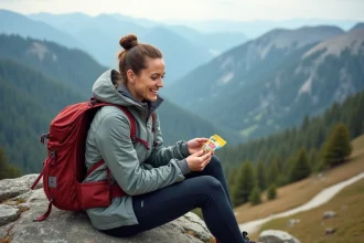 Femme randonneuse souriante ouvre un mélange de fruits secs