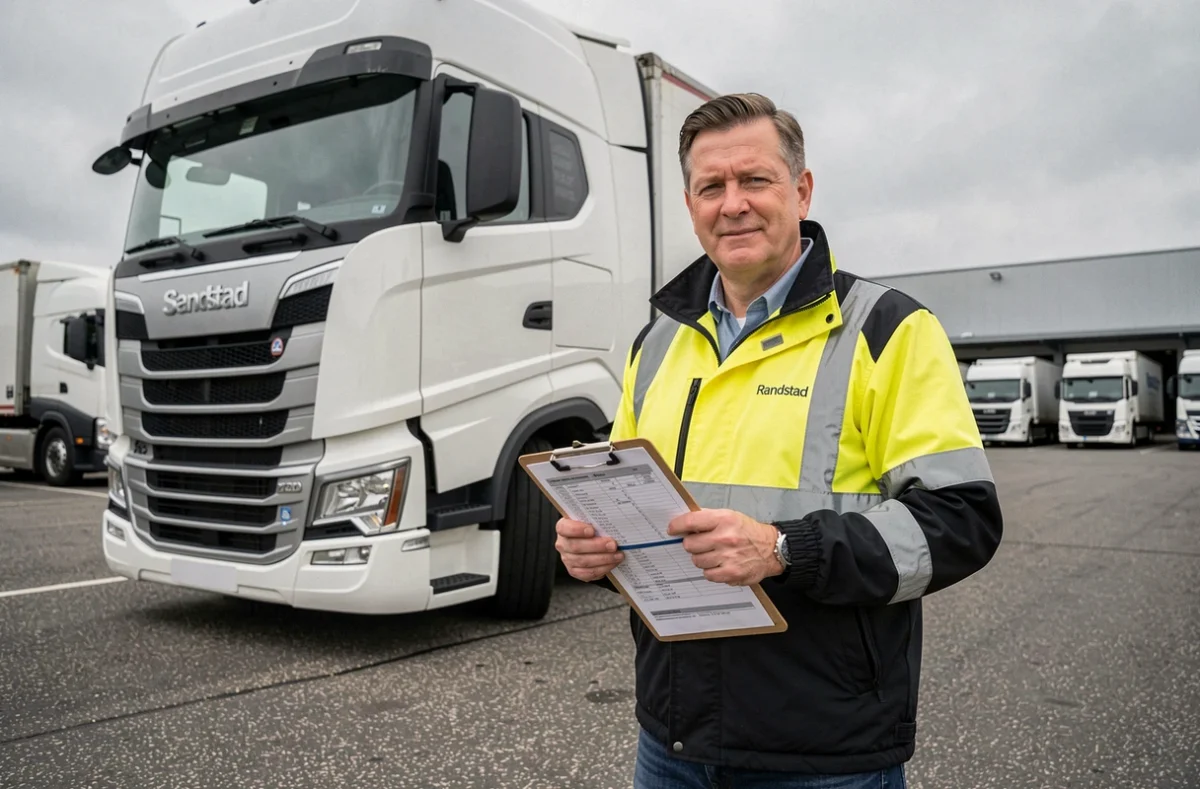 Chauffeur routier en veste Randstad devant un camion dans un hub logistique de Seine-et-Marne