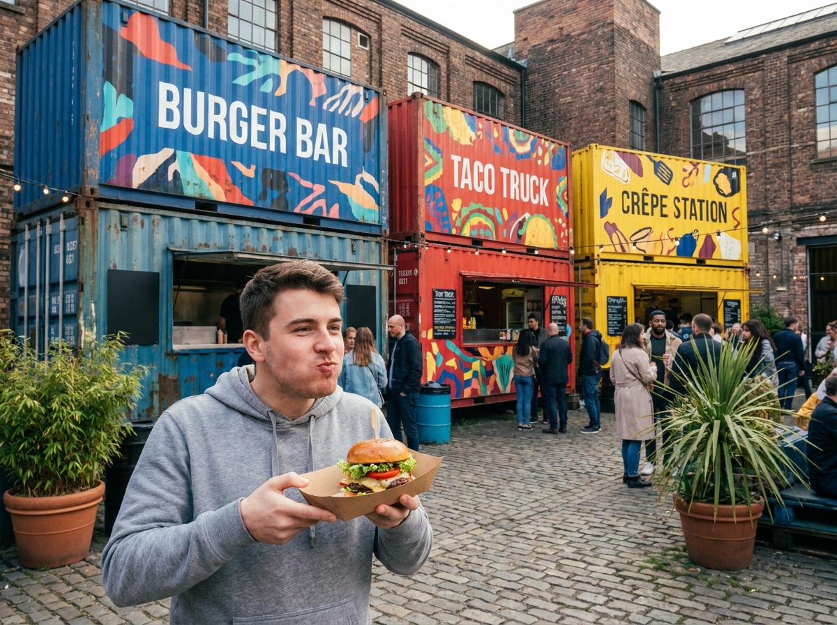 Rangée de containers colorés transformés en stands de street food avec clients et plats gourmets en premier plan