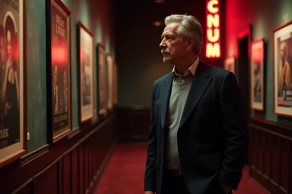 Réalisateur contemplatif dans le lobby d'un cinéma indépendant entouré d'affiches de films vintage, évoquant la vision artistique du cinéma d'auteur
