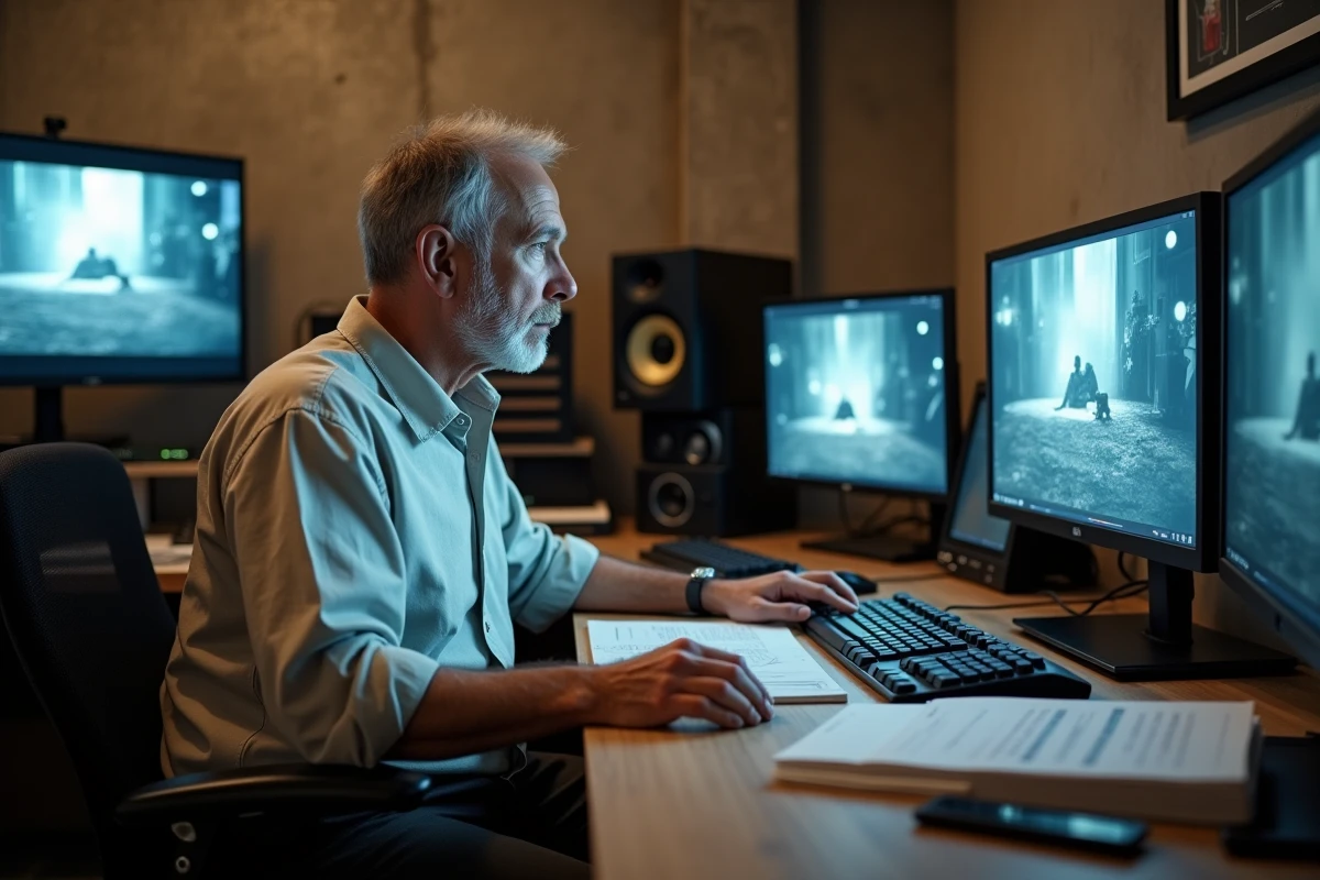 Réalisateur en salle de montage étudiant une image cinématographique sur grand écran, carnets de notes et scénarios éparpillés autour de lui
