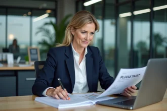 Femme d'affaires recherchant des fournisseurs B2B sur une plateforme en ligne au bureau