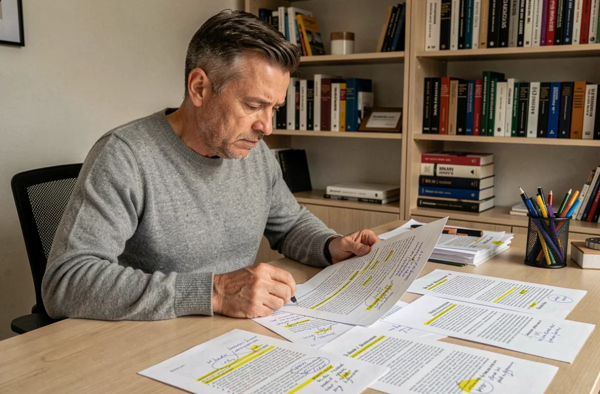 Rédacteur annotant des pages de transcription verbatim à son bureau avec surligneur et stylo