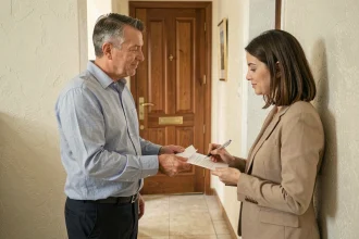 Remise en main propre d'une lettre contre signature pour un bail d'habitation entre propriétaire et locataire dans un couloir d'immeuble résidentiel