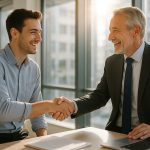 Photo hyperrealiste d'un jeune professionnel serrant la main d'un mentor dans un bureau lumineux