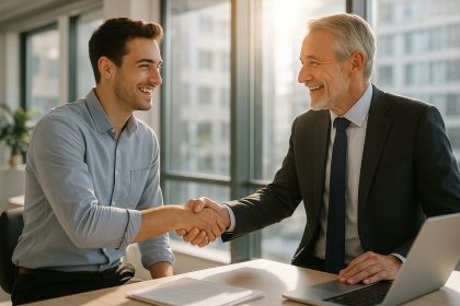 Photo hyperrealiste d'un jeune professionnel serrant la main d'un mentor dans un bureau lumineux