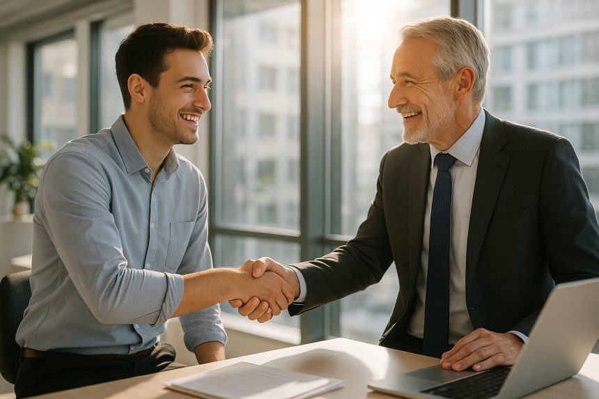 Photo hyperrealiste d'un jeune professionnel serrant la main d'un mentor dans un bureau lumineux