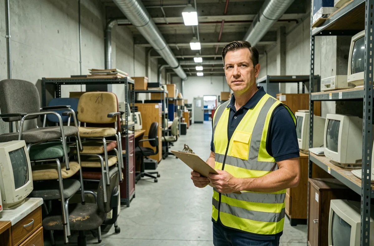 Responsable logistique supervisant le stockage de mobilier de bureau lors d'un débarras professionnel en entreprise