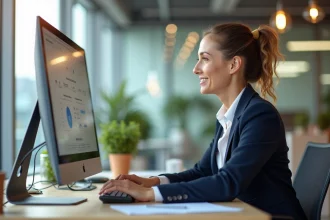 Responsable RH utilisant un logiciel de gestion des ressources humaines sur un écran d'ordinateur dans un bureau moderne