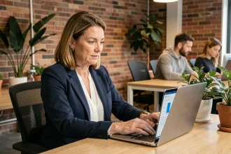 Responsable RH d'une PME consultant un logiciel de gestion des ressources humaines sur son ordinateur portable dans un bureau moderne